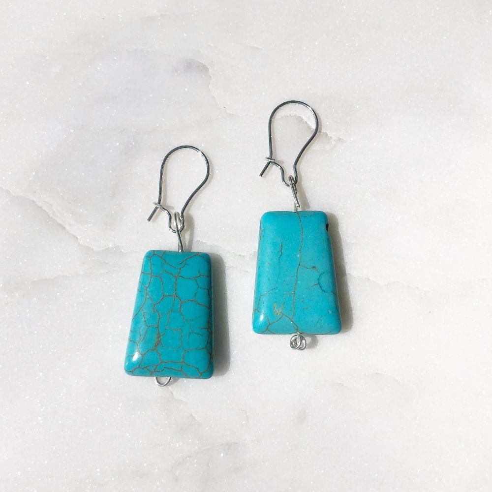 Turquoise Flat Rectangle Natural Howlite Silver Earrings